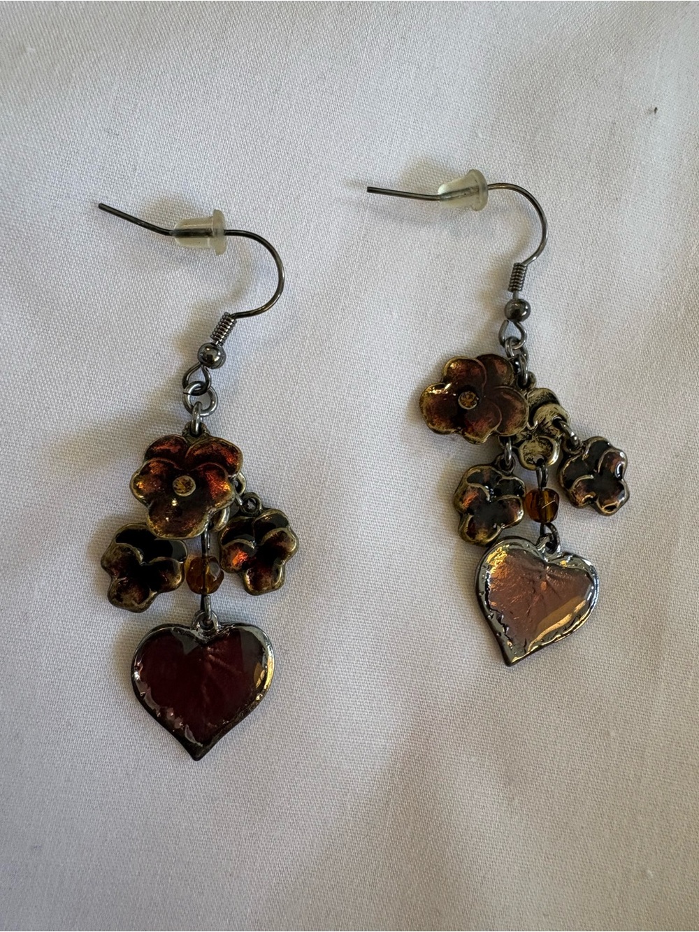 Source Unknown Copper Brown Floral Heart Dangle Earrings